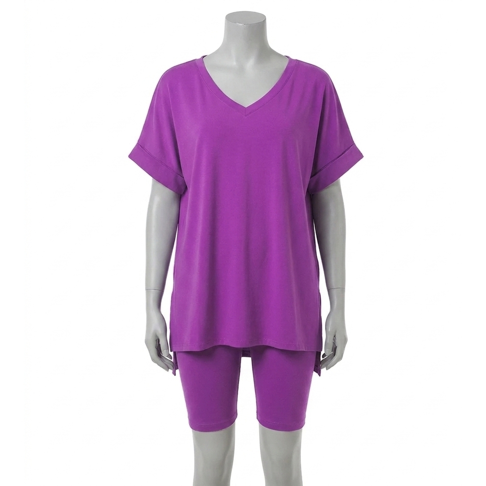 NEW ZENANA v neck top and biker short set in violet